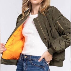 Ci Sono Olive Bomber Jacket with Bright Orange Lining